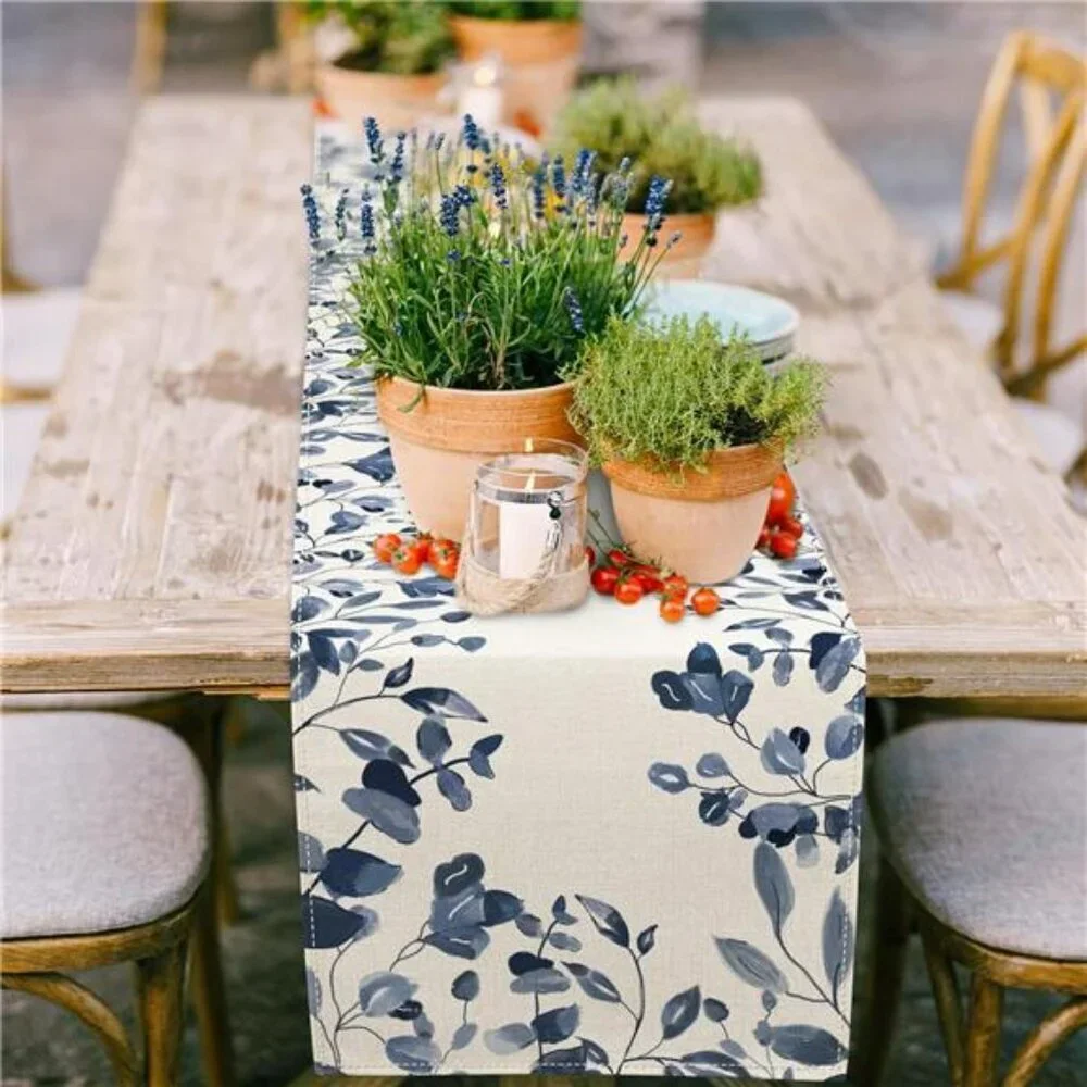 Blue and White Table Runner 13x71 Watercolor Leaves Farmhouse Dining Table Decor